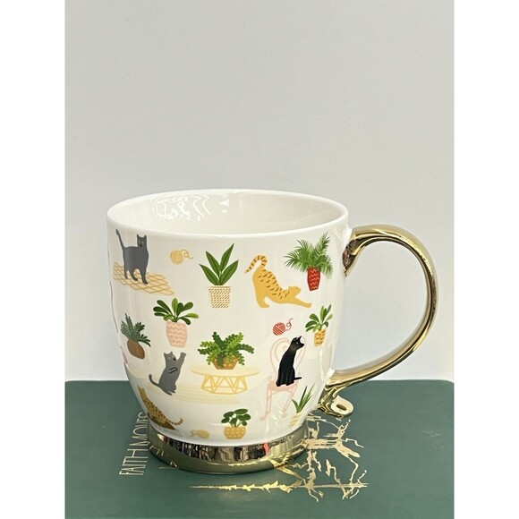 Plants & Cats Ceramic Pedestal Coffee Mug Plant Lady Cat Lady White Gold Swiftie - Picture 1 of 12